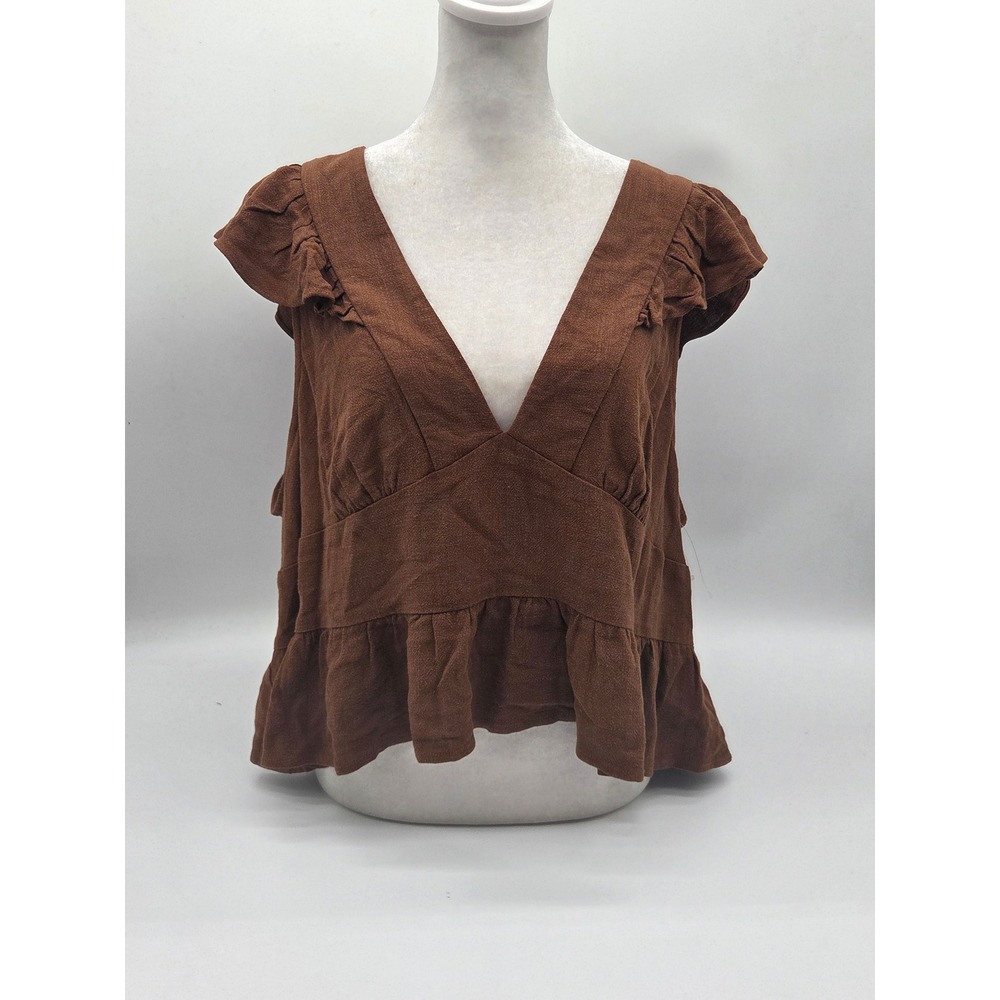 Universal Thread Women's 1X Brown Ruffle V-Neck Peplum Blouse 101-944